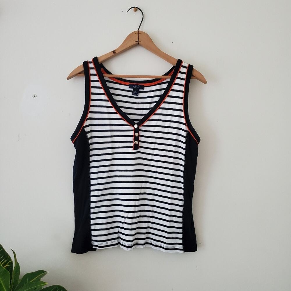 Chaps White Black Striped V Neck Tank Top